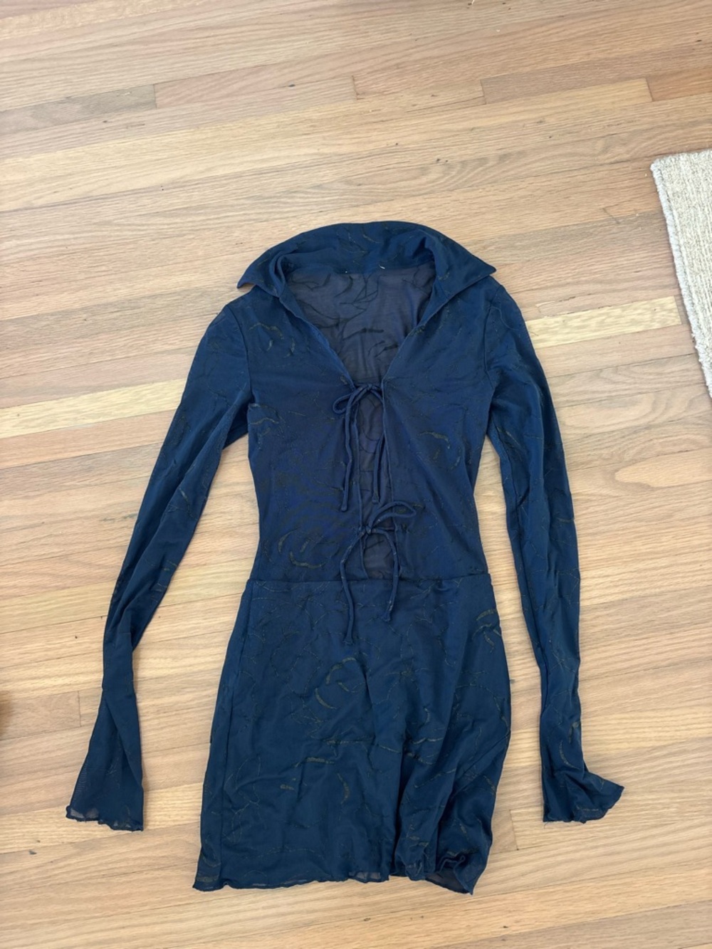 Blue Sheer Tie-Front Long Sleeve Mini Dress